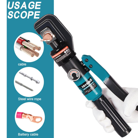 Hydraulic Battery Cable Crimper for 12AWG to 4/0AWG Range with 11 US Hex Dies Lugs Kit, Heavy Duty Crimp Tool for High Current Power Cables and Automotive Battery Leads. Hydraulic crimp tool with hex die and cable, steel rope, battery cable examples