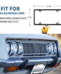 Legit Real Carbon Fiber License Plate Frame Glossy Black Auto Accessory showing dimensions 12.4x6.4 inches on vehicle front.