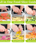 Suuker crinkle cutter with wooden handle; stainless steel wavy blade, collage showing six veggie slices.