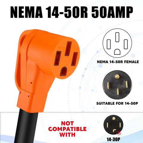 NEMA 14-50R female plug of Heavy Duty 20 Foot Nema 10 30P To 14 50R Ev Charger Adapter Cord For Level 2 Electric Vehicle Charging.