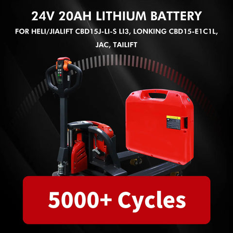 Heavy Duty 24V 20Ah Electric Pallet Jack Lithium Ion Battery For Heli Jialift Lonking Jac Tailift Forklift, red battery on pallet jack.