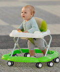 Four Pack White Twin Swivel Caster Kit For Baby Walker Replacement Wheels Runs Slick On Any Floor Premium Built Zero Fuss Easy Swap Stroller Parts with a baby in a walker.
