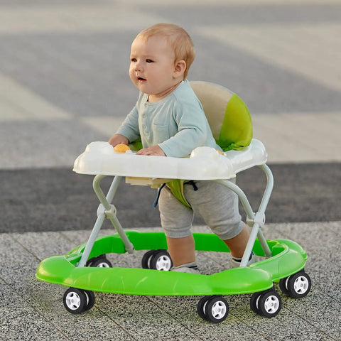 Four Pack White Twin Swivel Caster Kit For Baby Walker Replacement Wheels Runs Slick On Any Floor Premium Built Zero Fuss Easy Swap Stroller Parts with a baby in a walker.