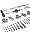 Metric Tap And Die Set 40 Piece With Heat Treated Taps And Dies For Hand Cutting includes pro grade wrenches and pitch gauge.