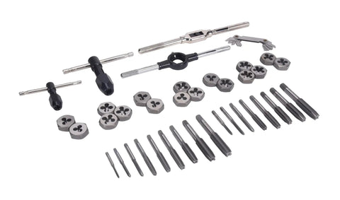 Metric Tap And Die Set 40 Piece With Heat Treated Taps And Dies For Hand Cutting includes pro grade wrenches and pitch gauge.