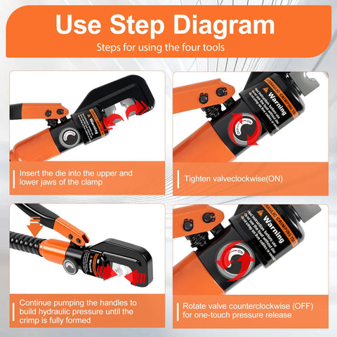 Step-by-step instructions for using Beefed Up Hydraulic Crimping Tool Kit With 9 Dies For Battery Cables And Wire 12 AWG To 2/0 AWG Copper Aluminum Stainless Steel 6 Ton Crimper Ideal For Automotive And Marine Electrical Projects Durable Build For Quick Consistent Crimps.