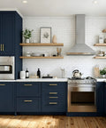 Navy Blue Peel And Stick Wallpaper Matte Finish on kitchen walls, cabinets with oven and shelves, showcasing DIY friendly use.