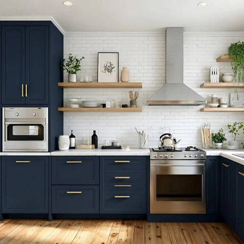 Navy Blue Peel And Stick Wallpaper Matte Finish on kitchen walls, cabinets with oven and shelves, showcasing DIY friendly use.