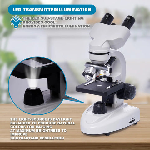 High Power Compound Microscope For Adults Home Lab And School Use With Infinity Optical System on wooden table