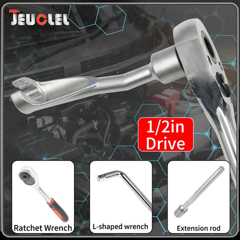 19mm One Half Inch Common Rail Fuel Line Nut Socket 12 Point Flare Nut Wrench Open End Injector Line Removal Tool For Mercedes Benz Diesel Engine No Fuss Premium Tool For Quick Maintenance And Safe Disassembly with ratchet and L-shaped wrench