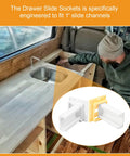 Heavy Duty RV Drawer Slides Rail Bracket For One Inch Channel With Four Way Adjustable Base and kitchen setup in camper.