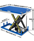 Heavy Duty Wireless Remote Control Electric Hydraulic Lift Table With 2200 Lb Capacity And Massive Platform. Dimensions labeled.