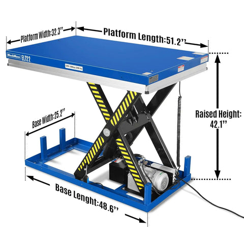 Heavy Duty Wireless Remote Control Electric Hydraulic Lift Table With 2200 Lb Capacity And Massive Platform. Dimensions labeled.