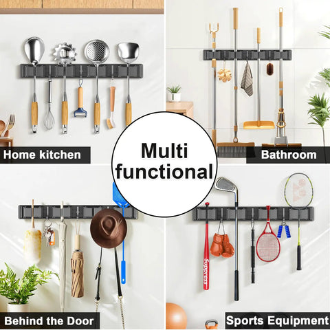 Broom Holder Wall Mount With Four Racks And Three Hooks Adjustable Mop And Broom Organizer in kitchen and bathroom settings.