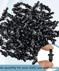 100 Pack Drip Irrigation End Plugs For Quarter Inch Tubing shown in bulk with a close-up of a plug in hand for size reference.