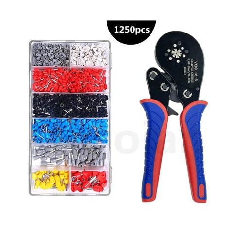 Super Versatile Wire Ferrule Crimping Tool Kit With Ergonomic Pliers And Hexagonal Dies For 0.08-16mm² Cables, Perfect Pro Gear For Electricians. 1250-piece ferrule assortment with crimping pliers.