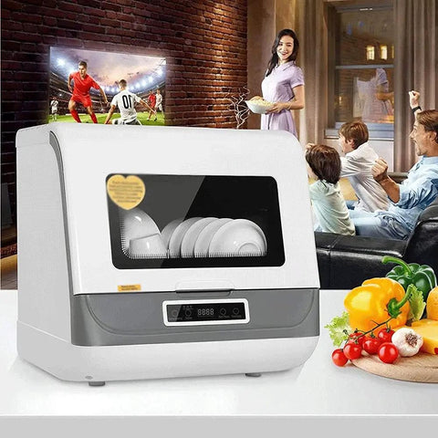 No Sweat Compact Countertop Dishwasher With Automatic Air Dry And 360 Rotating Dual Spray Heads Superfast Cycle for Dishes in kitchen setting.