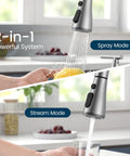 Sharp 8 Inch Two Handle Pull Down Kitchen Faucet With Integrated Soap Dispenser Sleek Brushed Nickel Finish showing 2-in-1 spray and stream modes.