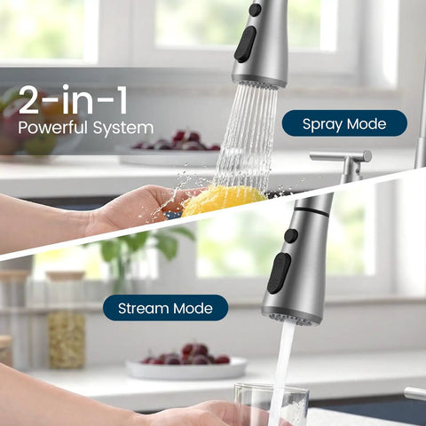 Sharp 8 Inch Two Handle Pull Down Kitchen Faucet With Integrated Soap Dispenser Sleek Brushed Nickel Finish showing 2-in-1 spray and stream modes.