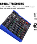 Pro 6 Channel Audio Mixer Console With USB Bluetooth MP3 Input 48V Phantom Power featuring ports and control knobs