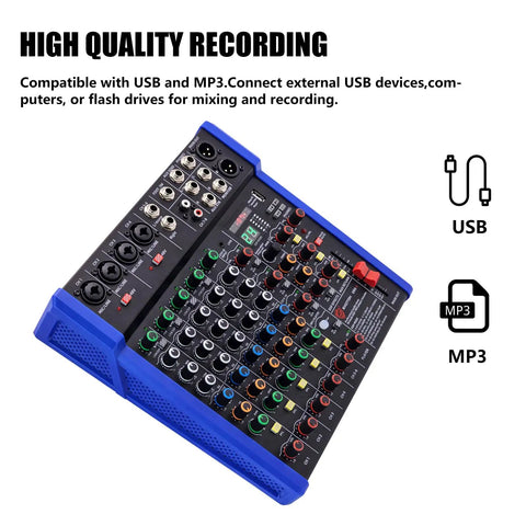 Pro 6 Channel Audio Mixer Console With USB Bluetooth MP3 Input 48V Phantom Power featuring ports and control knobs