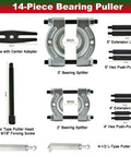 Beefy Bearing Puller Set 14-Piece With 5 Ton Capacity And 2-Inch And 3-Inch Jaws, Wheel Hub Axle Separator Kit display components