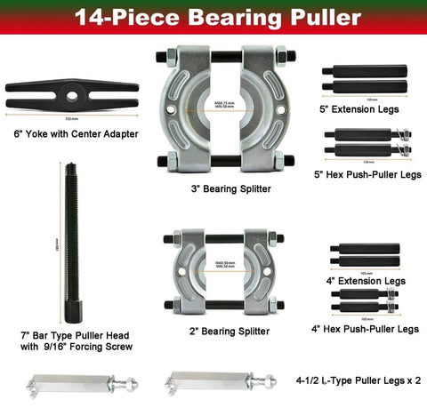Beefy Bearing Puller Set 14-Piece With 5 Ton Capacity And 2-Inch And 3-Inch Jaws, Wheel Hub Axle Separator Kit display components