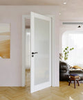 32x80 Inch Solid Core Pre Finished Frosted Glass Interior Door Slab With Full Glass Swing Shaker Style in modern living room