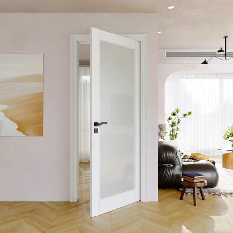 32x80 Inch Solid Core Pre Finished Frosted Glass Interior Door Slab With Full Glass Swing Shaker Style in modern living room