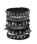Badass 3 Piece Punk Gothic Leather Bracelet Set With Vintage Steampunk Spikes And Rivets Wide Adjustable Cuff Wristbands For Men And Women Daily Wear Gear stacked leather bracelets with spikes and chains.
