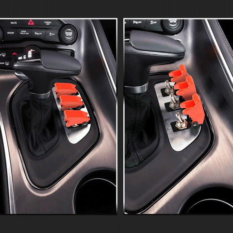 Close-up of Heavy Duty Rocker Toggle Switch 12V 20A SPST On Off with Red Aircraft Style Safety Cover 2 Pin 12mm Mount in car console