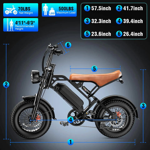 Image of Beast Mode 1200W Peak Ebike For Adults With Fat Tire 28 MPH Top Speed Removable 48V 18Ah Battery 500 Lbs Capacity and dimensions