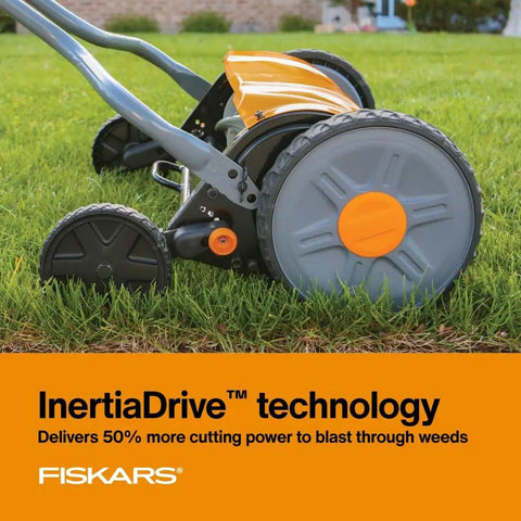 Manual 17 Inch Cut Width Reel Mower For Easy Lawn Care No Motor Grass Cutter With Stay Sharp System And Steel Blades That Stay Sharp Inertia Drive Push Design Eco Friendly Yard Tool, side view on grass