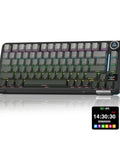 Hella Smooth Tri Mode Wireless Mechanical Keyboard With Smart Lcd Panel And Twist Knob Compact Seventy Five Design For Dope Gaming Builds And Daily Grinds Featuring Punchy Tactile Switches And Massive Four Thousand Mah Battery Longevity with RGB backlighting.