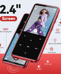 64GB MP3 Player With Bluetooth And Built In Speaker M3 2.4 Inch, red design, on-screen buttons, USB-C, microSD, headphone jack.