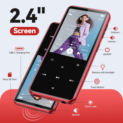 64GB MP3 Player With Bluetooth And Built In Speaker M3 2.4 Inch, red design, on-screen buttons, USB-C, microSD, headphone jack.