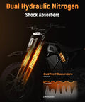 Electric Dirt Bike For Teens And Adults With 3500W Peak Power 38 MPH Top Speed 53 Mile Range 48V 23Ah Battery Mid Drive Motor Hydraulic Nitrogen Dual Shock Absorbers Black shown with dual hydraulic nitrogen shock absorbers and suspension graph.