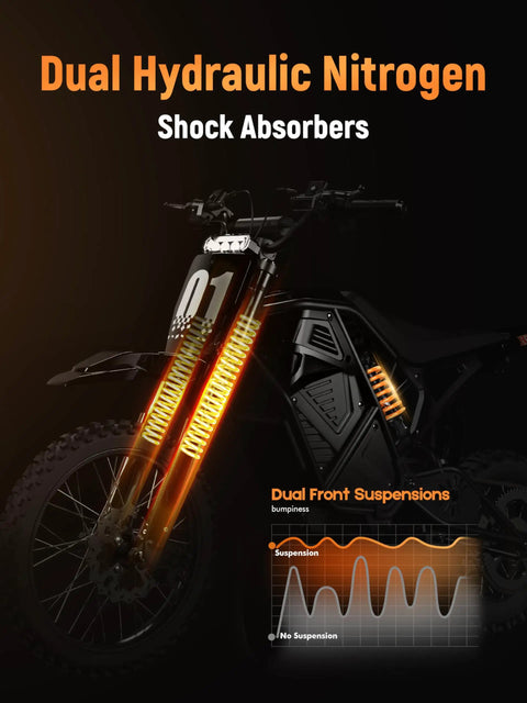 Electric Dirt Bike For Teens And Adults With 3500W Peak Power 38 MPH Top Speed 53 Mile Range 48V 23Ah Battery Mid Drive Motor Hydraulic Nitrogen Dual Shock Absorbers Black shown with dual hydraulic nitrogen shock absorbers and suspension graph.