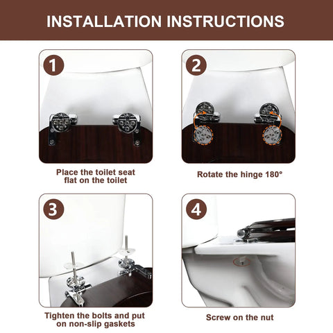 Installation instructions for Elongated Wood Toilet Seat with Zinc Alloy Hinges, showing step-by-step assembly process.