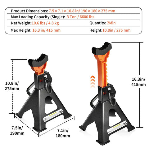 Heavy Duty 3 Ton Jack Stands For SUVs And Cars, Extra Tall Adjustable Height 13.39 To 21.06 Inches, 6,600 Lbs Capacity, UTV ATV Safe Support, Black, 1 Pair