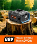 60V 16 Inch Cordless Chainsaw With Brushless Motor resting on tree stump