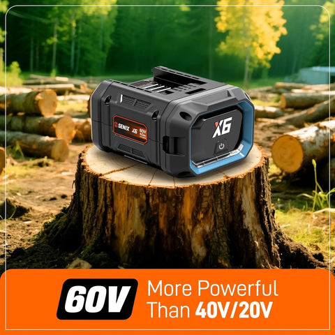 60V 16 Inch Cordless Chainsaw With Brushless Motor resting on tree stump