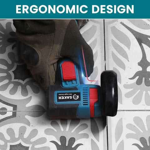 Cordless 3 Inch Angle Grinder With 12V Brushless Motor used on patterned tile, ergonomic handle focus
