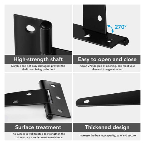 Six Pcs Beefy Heavy Duty T Hinges Thick Black Iron Gate Hinge details showing high-strength shaft and surface treatment features