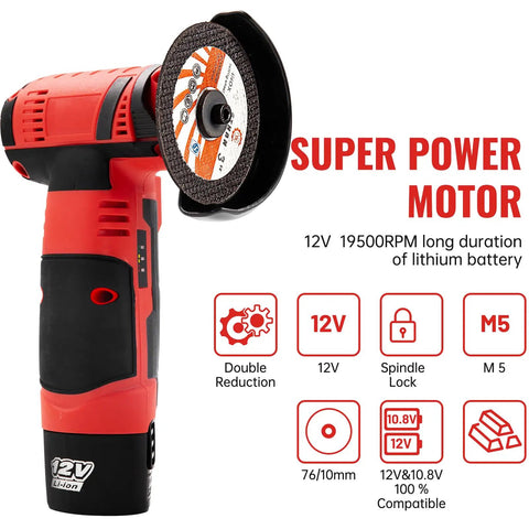 Ultra Fast Mini Cordless Angle Grinder 19500 RPM With Dual Batteries, 76mm Handheld Cutter for metal and wood tasks, side view