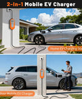 2-In-1 Mobile EV Charger for home and outdoor use, featuring a versatile design and long cable for easy access.