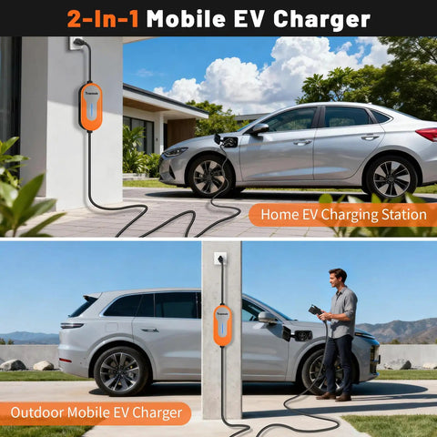 2-In-1 Mobile EV Charger for home and outdoor use, featuring a versatile design and long cable for easy access.