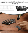 Person using Heavy Duty Leather Hole Punch Set 1.0 To 10mm Hollow Punches With Non Slip Knurled Steel Build on leather strip