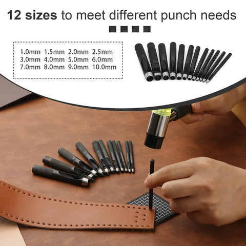 Person using Heavy Duty Leather Hole Punch Set 1.0 To 10mm Hollow Punches With Non Slip Knurled Steel Build on leather strip