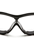 Front view of V2G Readers Eyewear With Clear Anti Fog Lens Plus 2.5 Diopter, Black Frame And Strap, Vented Headband And Temples.